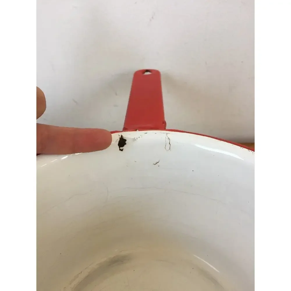 Vintage Antique White Red Metal Enamelware Primitive Small Sauce Pot Pan 7